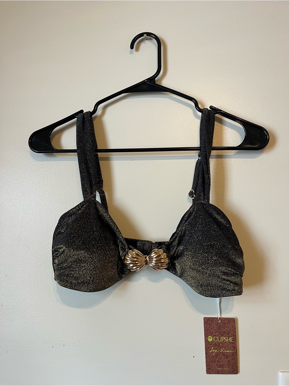 Cupshe Shimmery Black Bikini Top with Gold Shell Detail